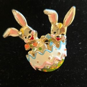 Easter Bunnies In Egg Basket Brooch with Colorful and Metallic Detail